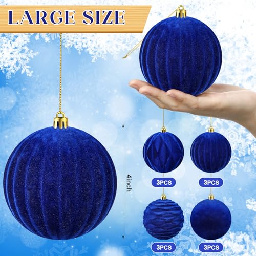 Liliful 12 Pcs Velvet Christmas Ball Ornaments, 4 Inch Blue - Shatterproof, Flocked Velvet Texture