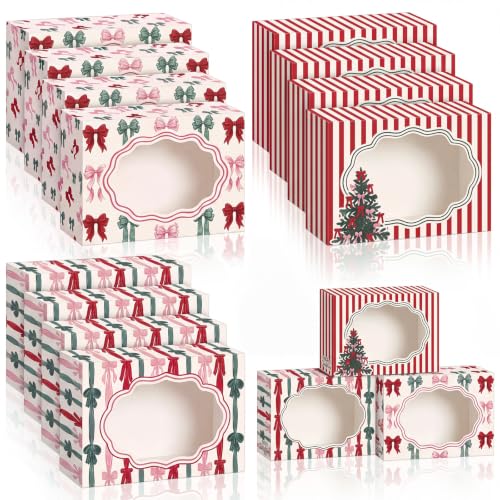 Eaasty 24 Pack Christmas Cookie Boxes with Window & Bows - Bulk Gift Packaging