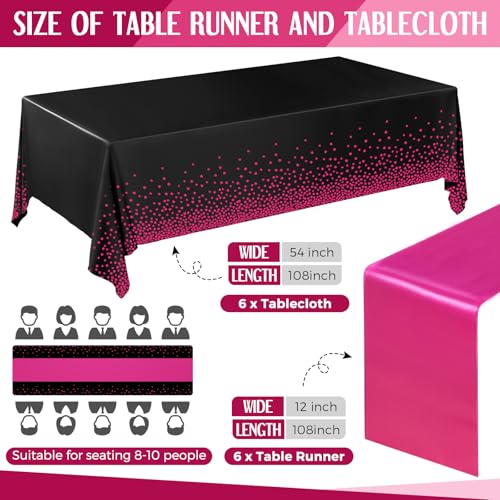 Breling 12 Pack Black and Hot Pink Tablecloths & Satin Runners Set – 54x108" Table Cover + 12x108" Runners