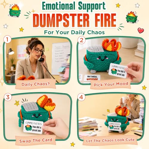 Handmade Crochet Dumpster Fire Desk Decor with 16 Funny Affirmation Cards
