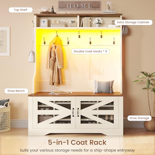 5-in-1 Entryway Hall Tree with Shoe Storage Bench, Coat Rack and LED Lights