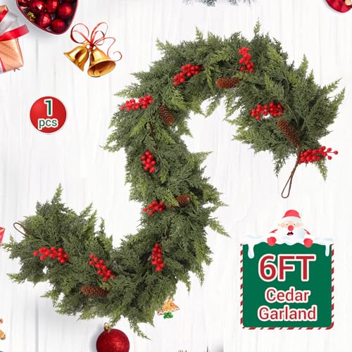 Senksll 6ft Artificial Cedar Garland with Red Fruits and Pine Cones Holiday Decor