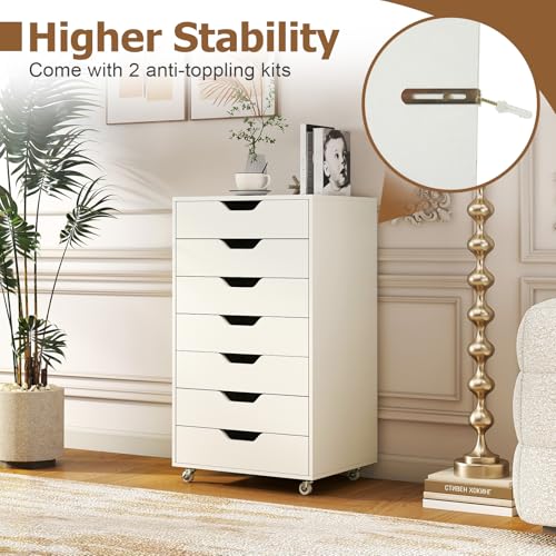 7-Drawer Mobile Rolling Storage Cabinet with Wheels, White Office Organizer