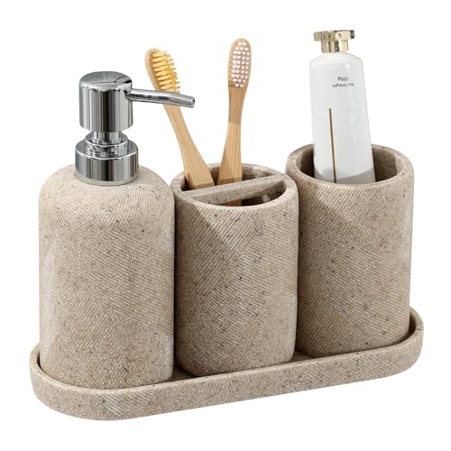 4-Piece Modern Bathroom Accessory Set, Beige Resin Organizer with Tray