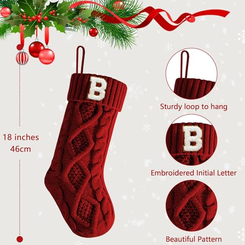18 Inches B Burgundy Personalized Initial Monogram Christmas Stocking, Embroidered Gold Edge