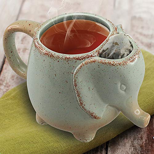 15oz Green Elephant Ceramic Tea Mug with Tea Bag Holder - Handcrafted Gift