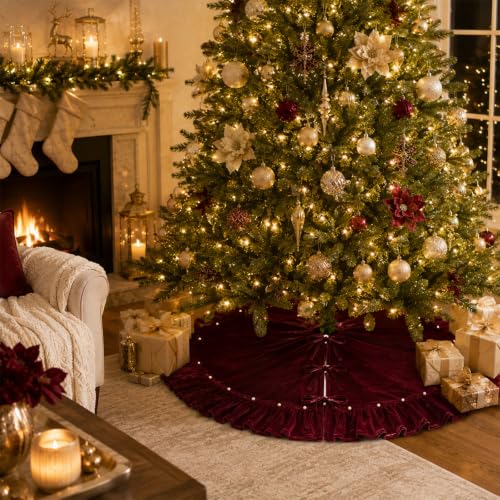 59 Inch Burgundy Velvet Christmas Tree Skirt with Pearl Trim Edge & Bow Ties (150 cm) – AtiMing, Burgundy with Pearl