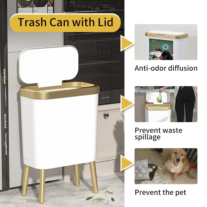 4 Gallon Slim Bathroom Trash Can with Lid and Legs White and Gold