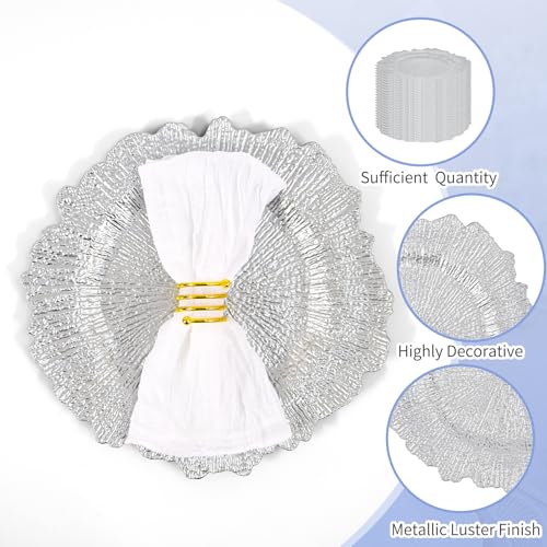 Teruntrue 50 Pcs Silver Charger Plates 13 Inch Reef Design Tableware for Weddings & Events
