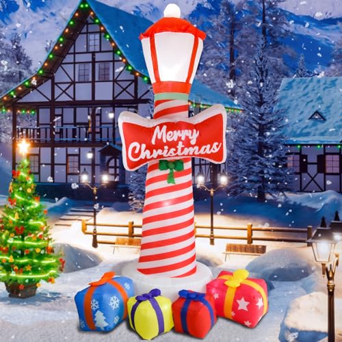 8FT Christmas Inflatable Lighthouse with LED Lights and Gift Boxes for Holiday Yard Decor