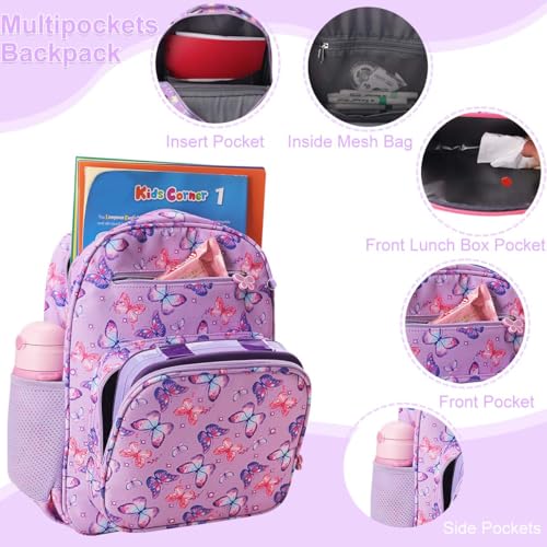 Kids Butterfly Backpack for Girls - 15 Inch School Bookbag with Insulated Pocket