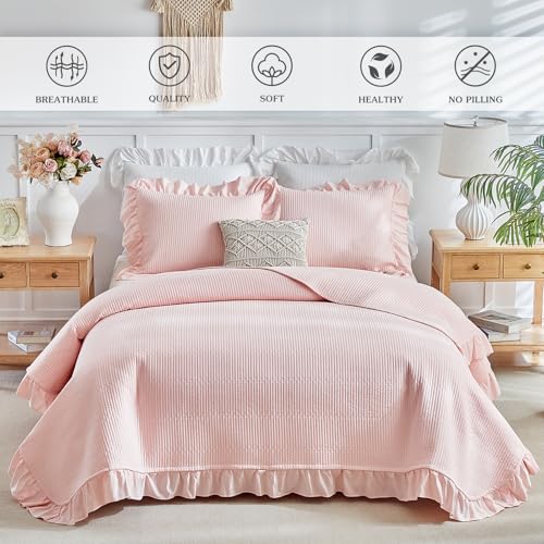 Pink Ruffled Quilt Set, Twin Size Lightweight Farmhouse Bedspread with Sham