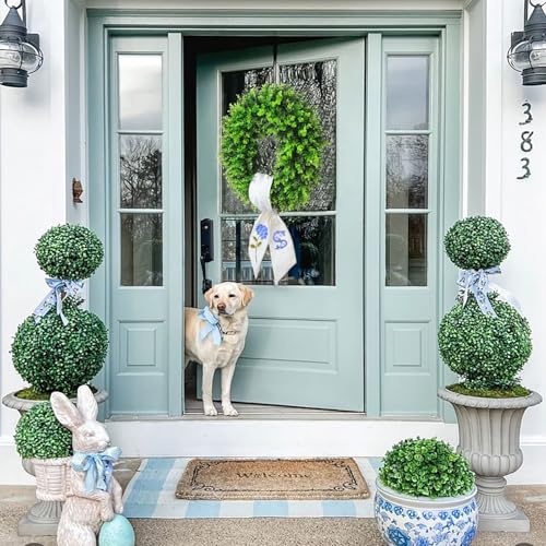 20-Inch Boxwood Wreath with Personalized Monogram Sash for Front Door
