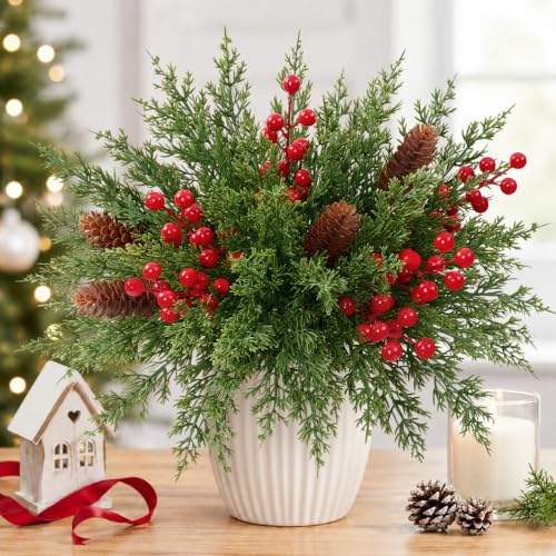 Livole 50 Pcs Christmas Greenery Stems with Red Berries & Pine Cones - Green, DIY Holiday Decor