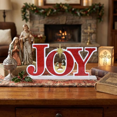 Joy Christmas Nativity Scene Sign with Wooden Base - Religious Holiday Decor