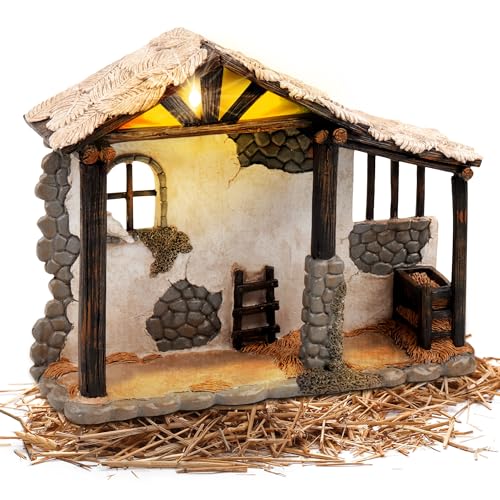 Fovths 12 Inch Lighted Nativity Stable Manger Resin Christmas Decor