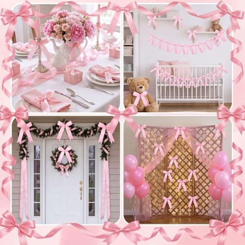 2-Pack Pink Bow Garland Banner - Pre-Strung Satin Ribbon Party Decor