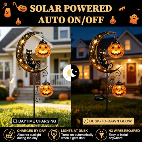 Solar Halloween Black Cat & Pumpkin Moon Stake Light - Metal Yard Decor