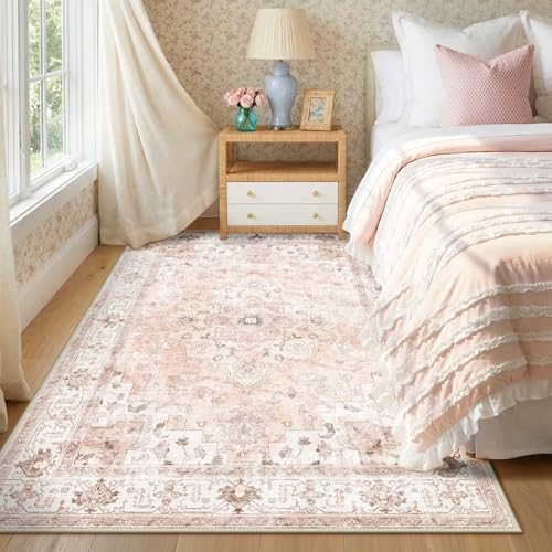 5x7 Washable Floral Area Rug – Non-Slip Pink Low Pile Nursery Carpet