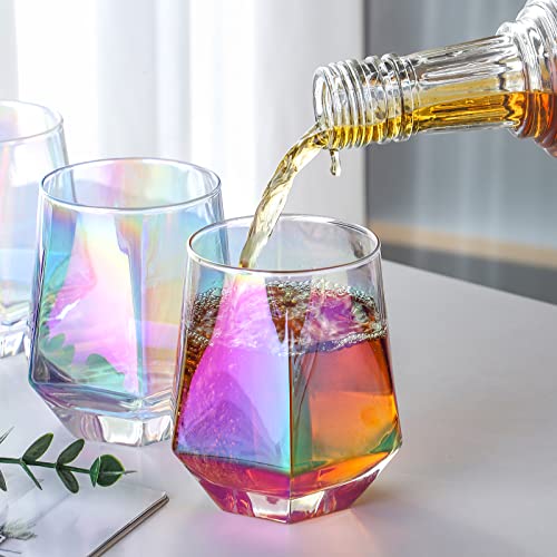 2PCS Iridescent Diamond Stemless Wine Glasses Set of 2 - Hand-Blown, Colorful Barware