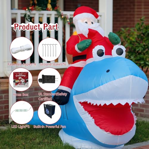 TIUIRE 8.5FT Outdoor Inflatable Santa Riding Shark Christmas Yard Decor - Funny Xmas Blow Up