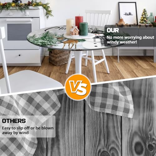 Kamoor 48" Round Elastic Christmas Tablecloth – Fitted Waterproof Snowman / Evergreen Pattern