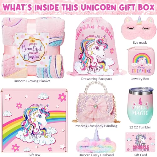 Unicorn Gift Set for Girls 4-10 Years - Glow in The Dark Blanket, Toys & Accessories
