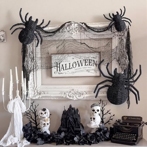 Woven Rattan Spider Halloween Decor - Handcrafted 3-Piece Black Rustic Set