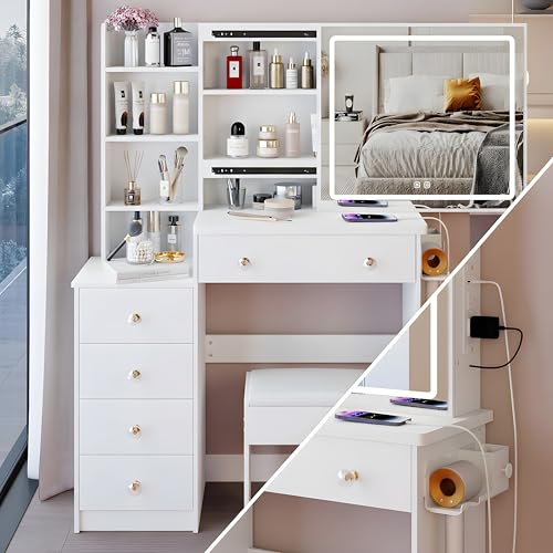 5-Piece Queen Bedroom Furniture Set with LED Bed, Vanity and Bookshelf