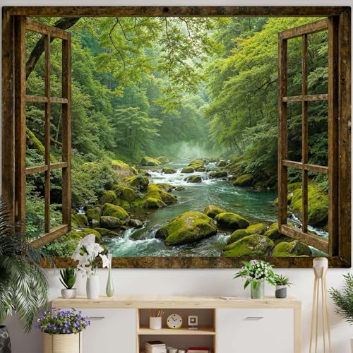 Green Forest Window Tapestry - Nature Stream Landscape Wall Hanging Decor