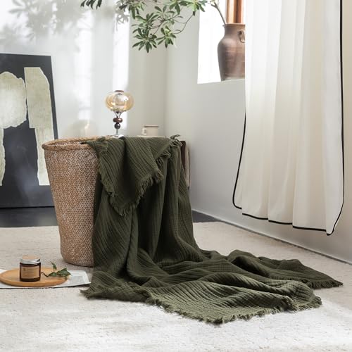 FOSSA 4-Layer Cotton Muslin Blanket Twin XL Olive Green 66x90 inches