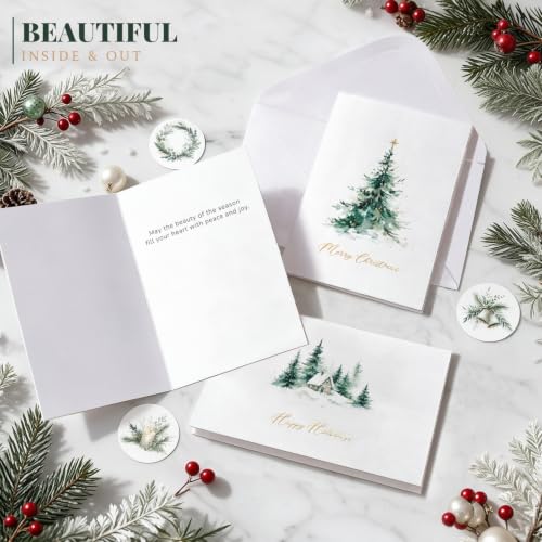 Roosyo 24 Pack Christmas Cards with Envelopes, 8 Watercolor Designs, Gold Foil, 4 x 6 in – Variation: 24 Pack Watercolor