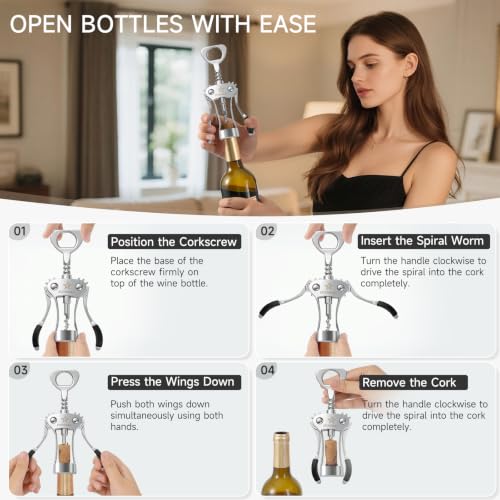Premium Wing Corkscrew Wine Opener - Easy to Remove Corks, Silver Finish