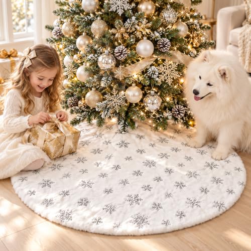 Silver 60 Inch Faux Fur Christmas Tree Skirt with Sequin Snowflakes - White Holiday Decor