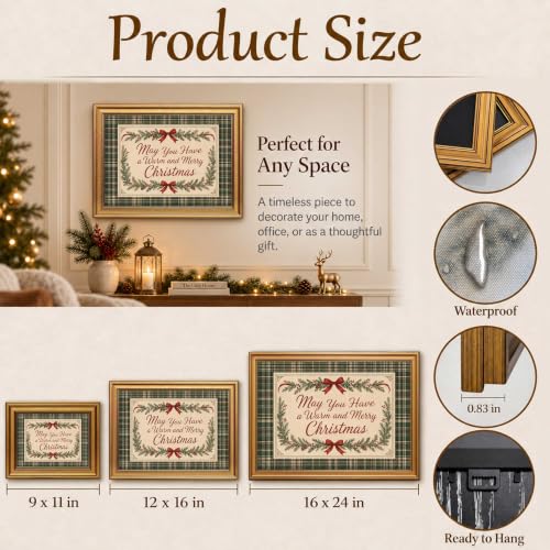 Gold Framed Christmas Wall Art Plaid Quote Canvas Print 12 x 16 in – May You Have a Warm and Merry Christmas (Plaid Quote / 16" L x 12" W)