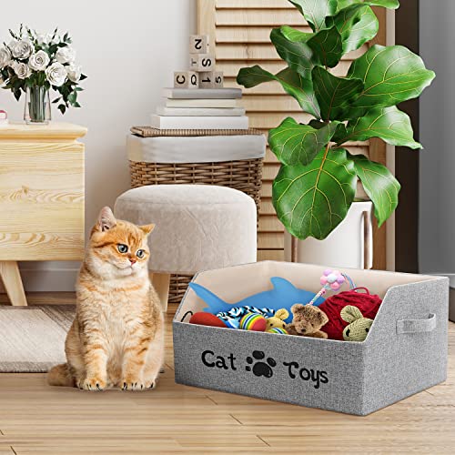 Large Collapsible Cat Toy Bin - Sturdy Linen Pet Toy Storage Basket