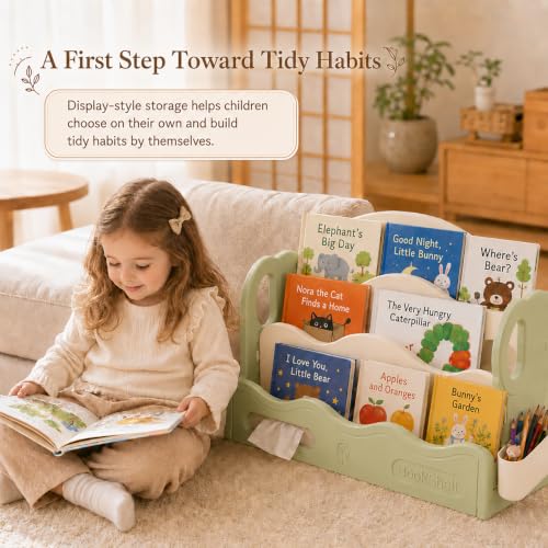 JOOMLAFLY Green Kids Bookshelf for Toddler - Front Facing Montessori Book Organizer, 3-Tier, BPA-Free HDPE, Tool-Free Assembly