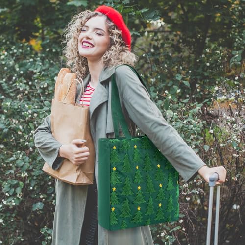 Christmas Embroidery Tote Bag with Green Xmas Tree Pattern, Reusable Canvas Bag
