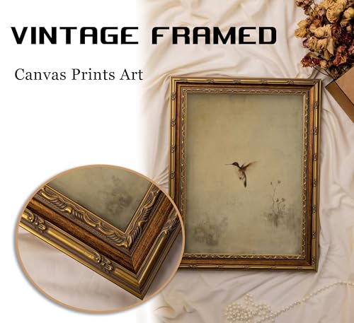 Vintage Gold Framed Hummingbird Canvas Wall Art Rustic Bird Painting