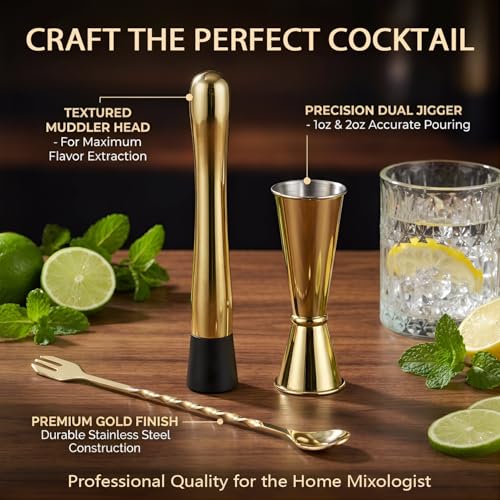 Gold Muddler & Cocktail Bar Set - 10 Inch Mixing Spoon & Double Jigger - Premium 3-Piece Bar Tools for Drinks, Variation: Gold