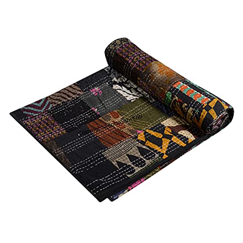 Hand Quilted Kantha Quilt - Premium Patchwork Bedspread in Black