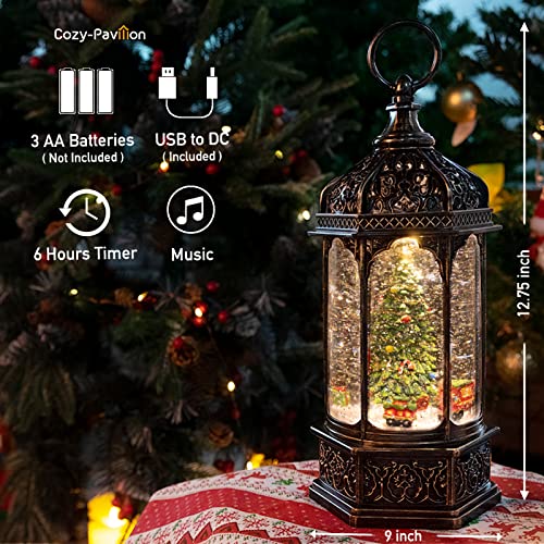 Musical Christmas Tree Snow Globe Lantern with Rotating Train & Timer