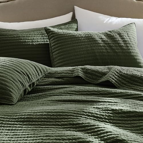 WDCOZY 100% Cotton Queen Quilt Set - Olive Green Striped Bedspread (3 Piece)