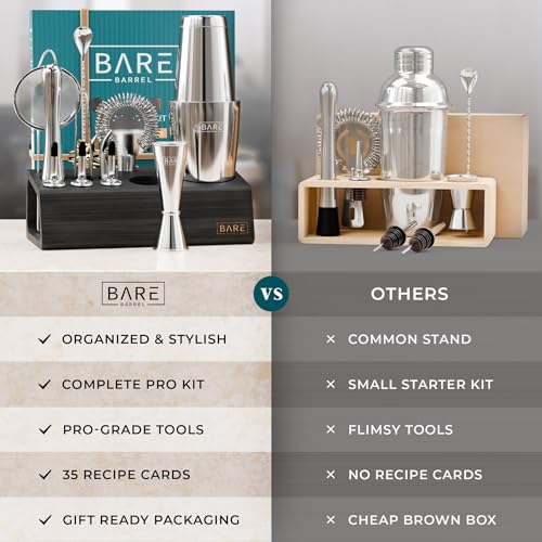 Bare Barrel 28oz Boston Shaker Cocktail Set with Recipe Cards | Silver/Black Bartending Kit