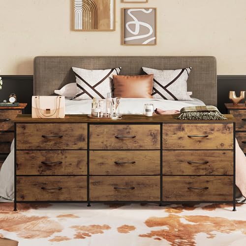 9-Drawer Dresser TV Stand for 75 Inch TVs, Rustic Brown Media Console