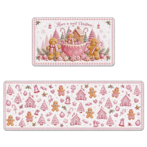 Romart Pink Gingerbread Kitchen Rugs Set of 2 – 16x28in & 16x47in with Silicone Backing