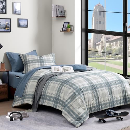 AMBERSPACE Plaid Twin XL Comforter Set, 5-Piece College Dorm Bedding Set