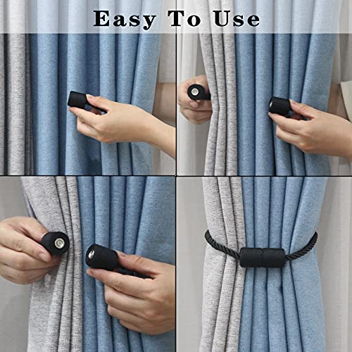 Magnetic Curtain Tiebacks 2 Pack - Black Woven Rope Holdbacks No Drill