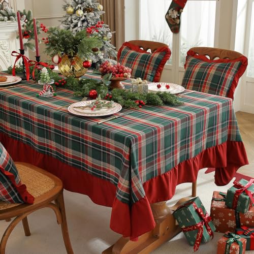 ZIQINPSQ Christmas Plaid Ruffle Tablecloth 55x55 inch - Red & Green