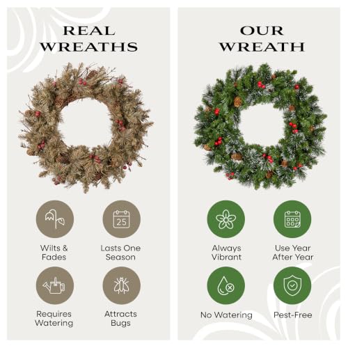 24in Battery-Operated Pre-Lit Wintry Pine Christmas Wreath with Cones & Berries